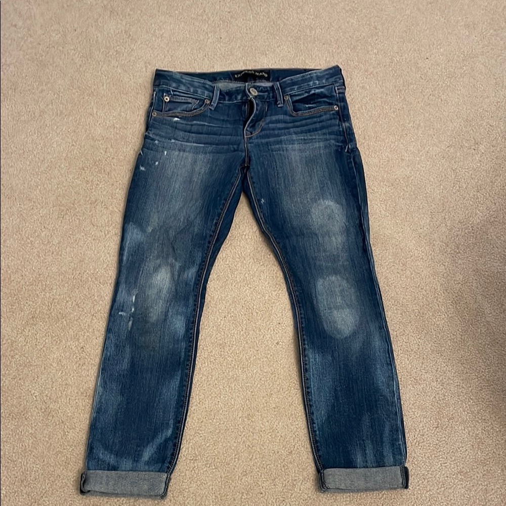 Express Blue Ankle Cropped Jeans with Distressed Details